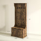 Rustic brown hall tree with coat hooks and front storage bench, size shown