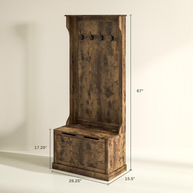 Rustic brown hall tree with coat hooks and front storage bench, size shown