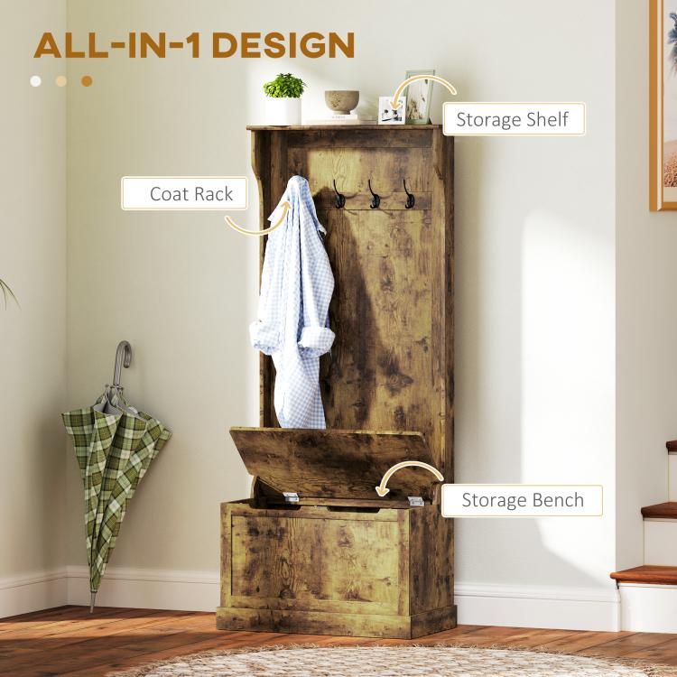 Rustic brown hall tree set with coat rack hooks, storage shelf, and storage bench
