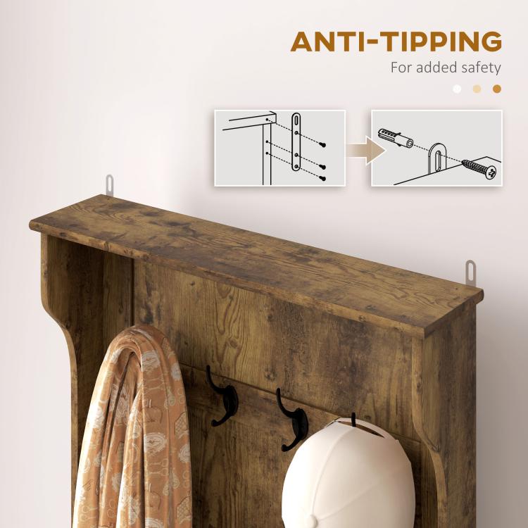 Rustic brown hall tree bench with coat hooks and anti-tip safety design
