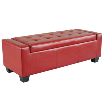 Red rectangular tufted faux leather storage ottoman with hinged top and black legs