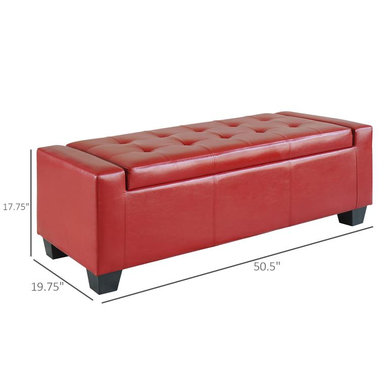 Red rectangular tufted storage ottoman with black legs and hinged lift-top