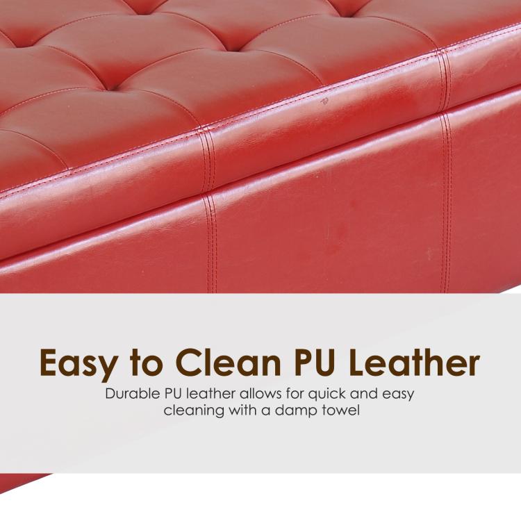 Red faux leather ottoman with tufted seams and easy-clean PU finish