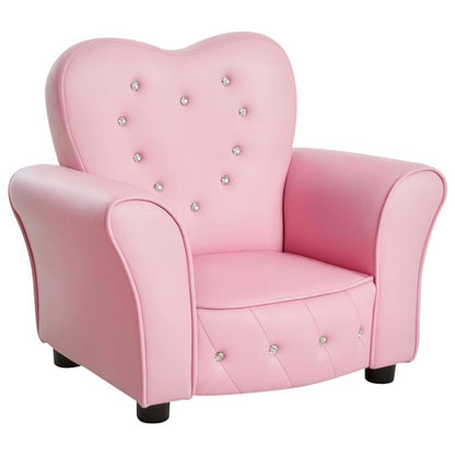 Pink kids tufted armchair sofa with heart-shaped backrest and rhinestone buttons