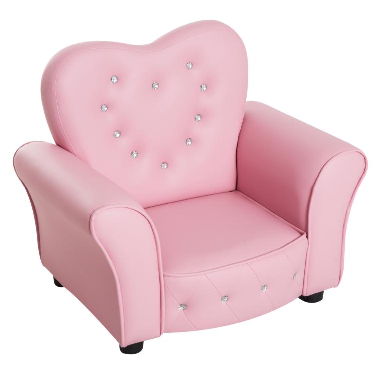 Pink toddler armchair sofa with tufted heart backrest and rounded armrests