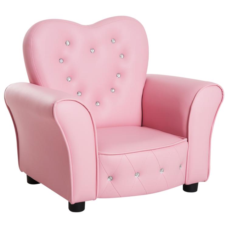 Pink kids sofa chair with heart back, diamond-studded buttons, and black legs