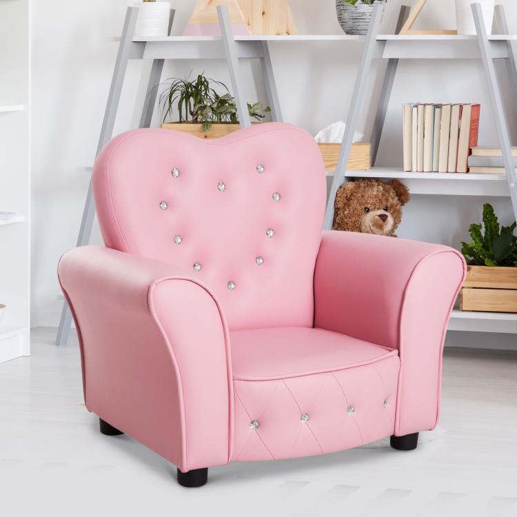 Pink kids armchair sofa with tufted heart backrest and diamond-button details