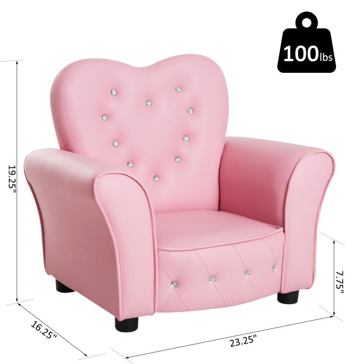 Pink toddler sofa chair with tufted heart backrest, rhinestone buttons, wooden legs