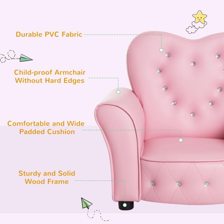 Pink kids armchair sofa with heart-shaped backrest and crystal-studded buttons