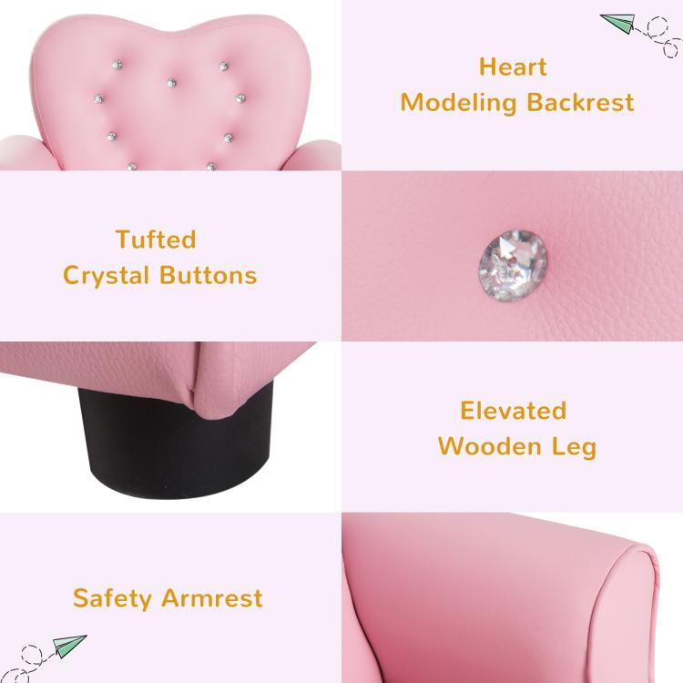 Pink kids armchair sofa detail view: tufted crystal buttons and raised wooden legs