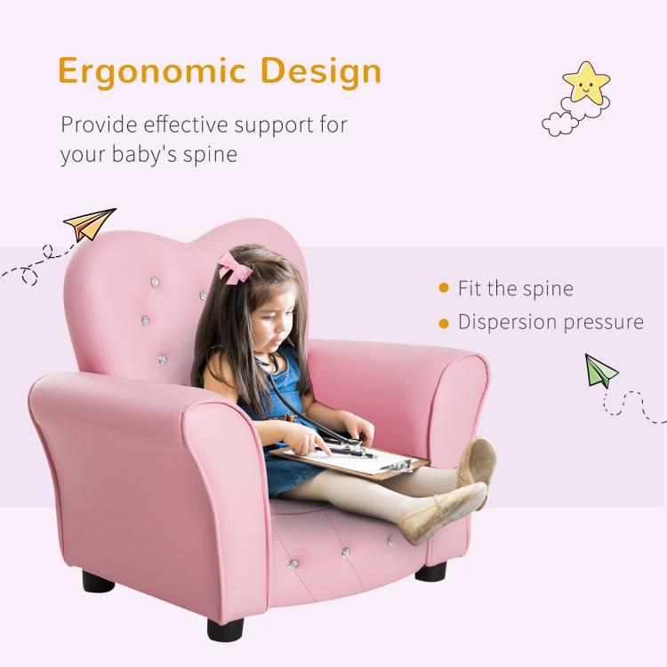 Pink toddler sofa chair with contoured seat and heart-shaped tufted backrest