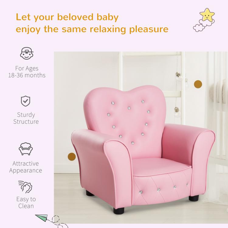 Pink kids armchair sofa with tufted heart backrest and rounded armrest