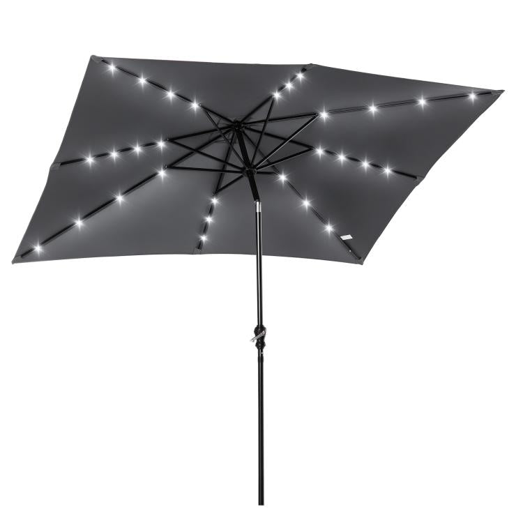 Gray solar LED umbrella canopy with cross-brace frame and light string