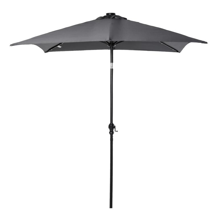 Gray outdoor solar LED umbrella with crank pole and closed canopy
