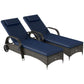 Set of 2 reclining chaise lounge chairs with dark blue cushions, armrests, and wheels