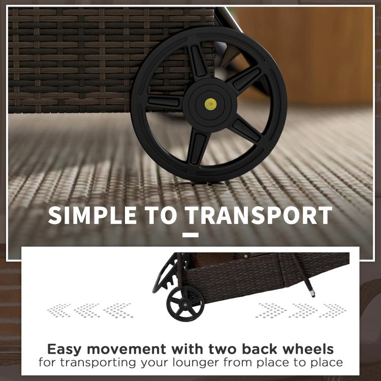 Rolling wheel on a dark woven outdoor chaise lounge frame