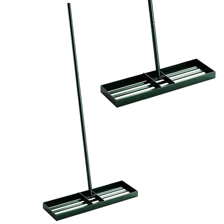 Green heavy-duty lawn leveling rake with long handle and flat ridged frame
