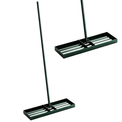 Green heavy-duty lawn leveling rake with long handle and flat ridged frame