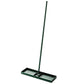 Green lawn leveling rake head with ridged bars and tall straight handle