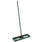 Lawn leveling rake with green handle and wide black base with parallel bars