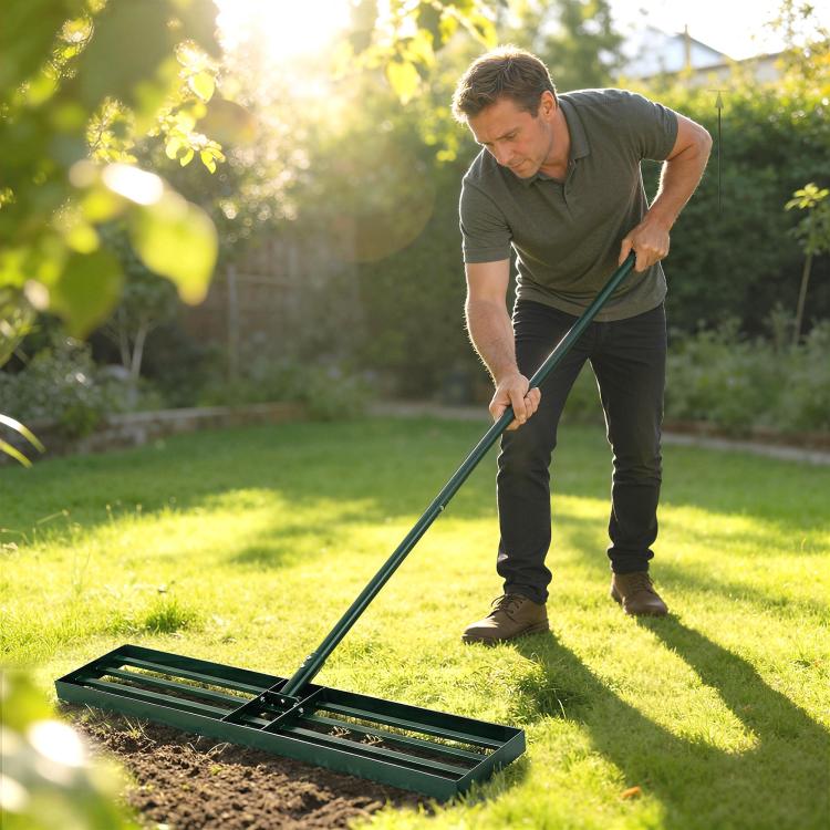 Lawn leveling rake in use on grass bed, with person pushing the green frame