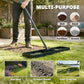 Green lawn leveling rake in use on garden soil, with multi-surface icons