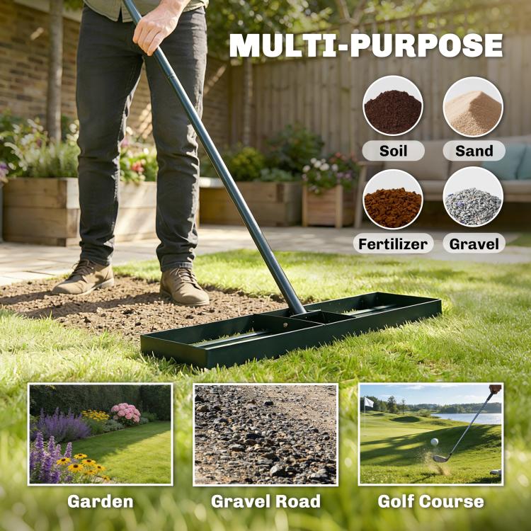 Green lawn leveling rake in use on garden soil, with multi-surface icons