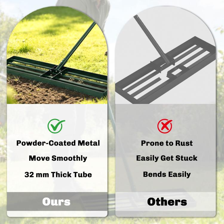 Close-up of green leveling rake head with ridged bars and handle connection