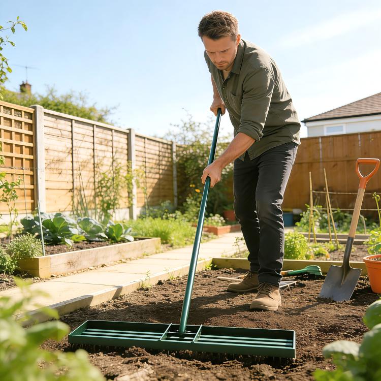 Green lawn leveling rake being used in a garden bed, held by a gardener