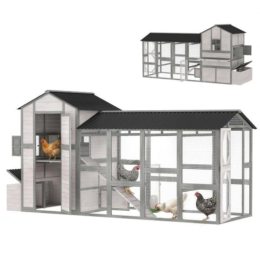 Gray wooden chicken coop with mesh run and side nesting house