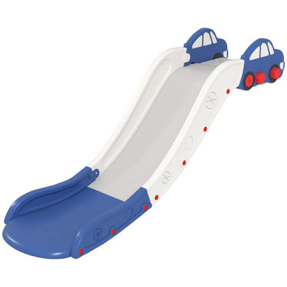 Blue and white toddler slide with car-themed end caps for beds and sofas