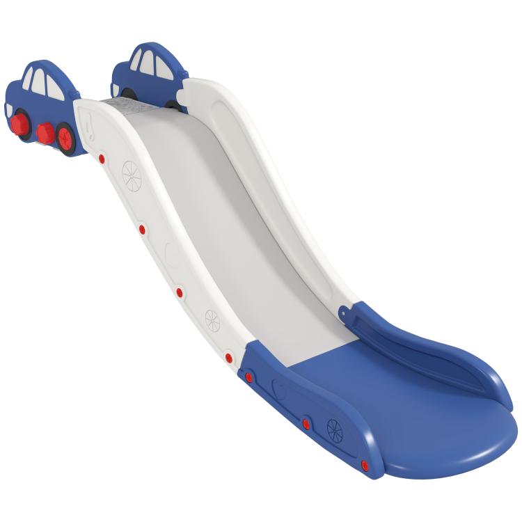 Blue and white toddler slide, side view with raised handrails and car details