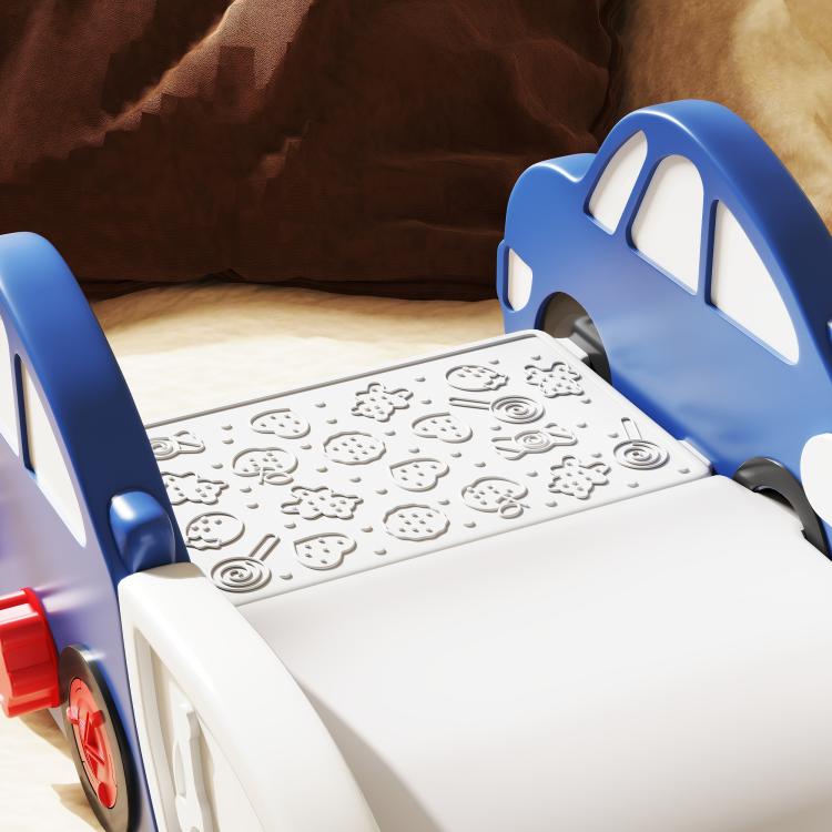 Blue toddler bed slide with white platform and arched guard rails
