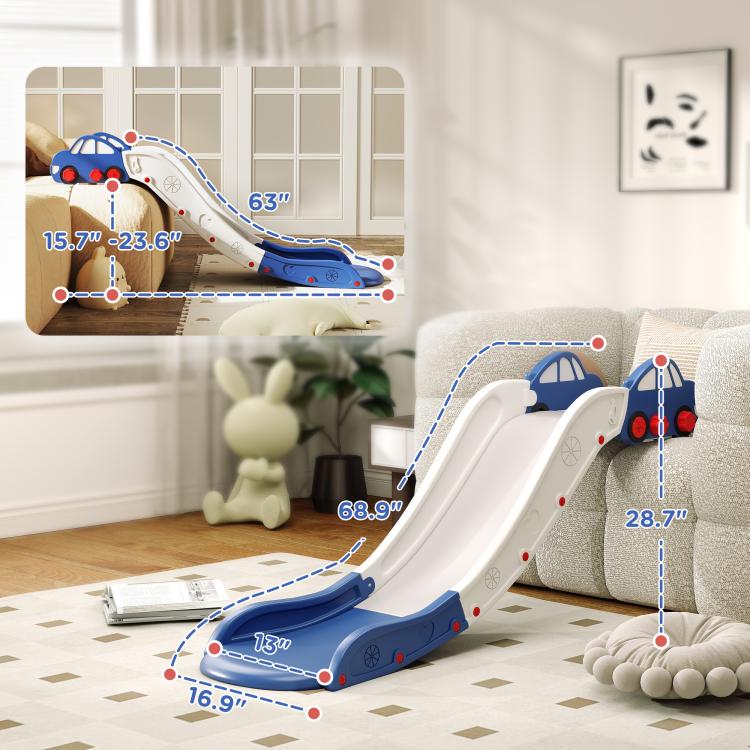 Blue and white toddler slide with measurement overlays and anti-slip base detail