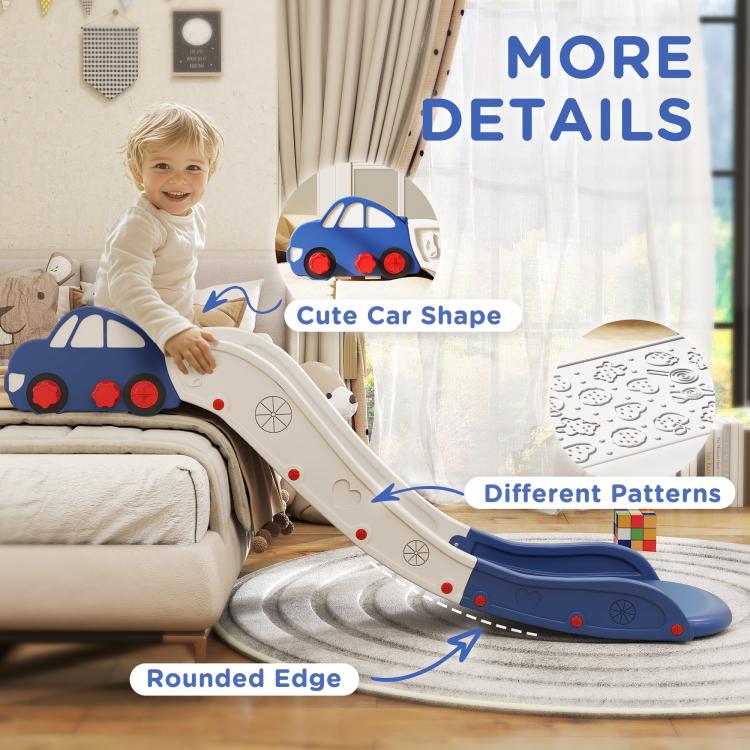 Blue-and-white toddler slide with cute car shape, rounded edges, and patterns