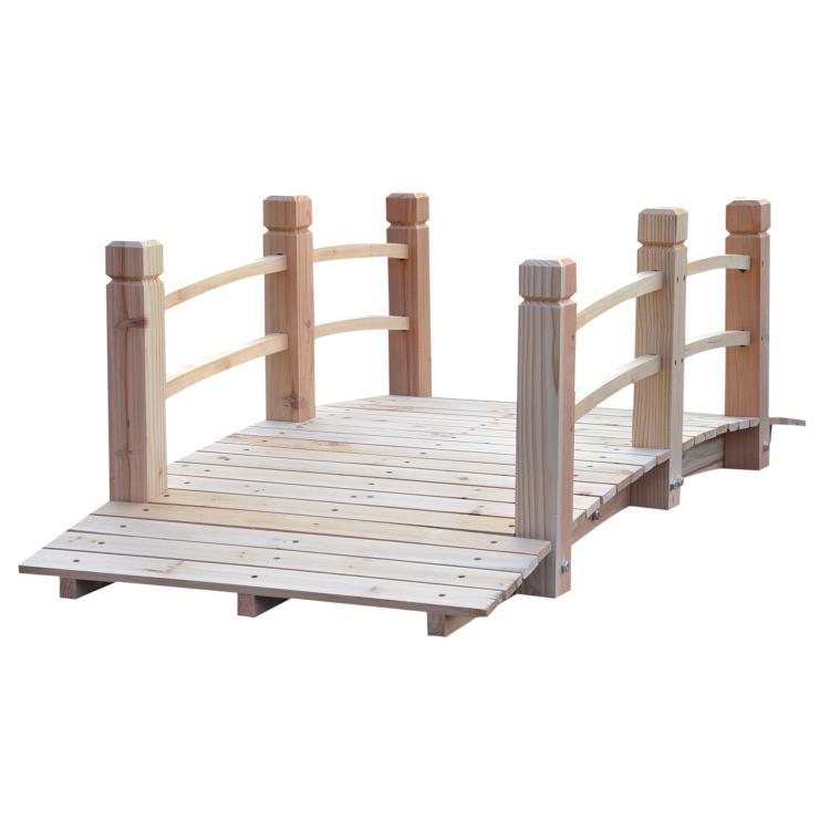 Wood garden footbridge with side railings and arched top supports