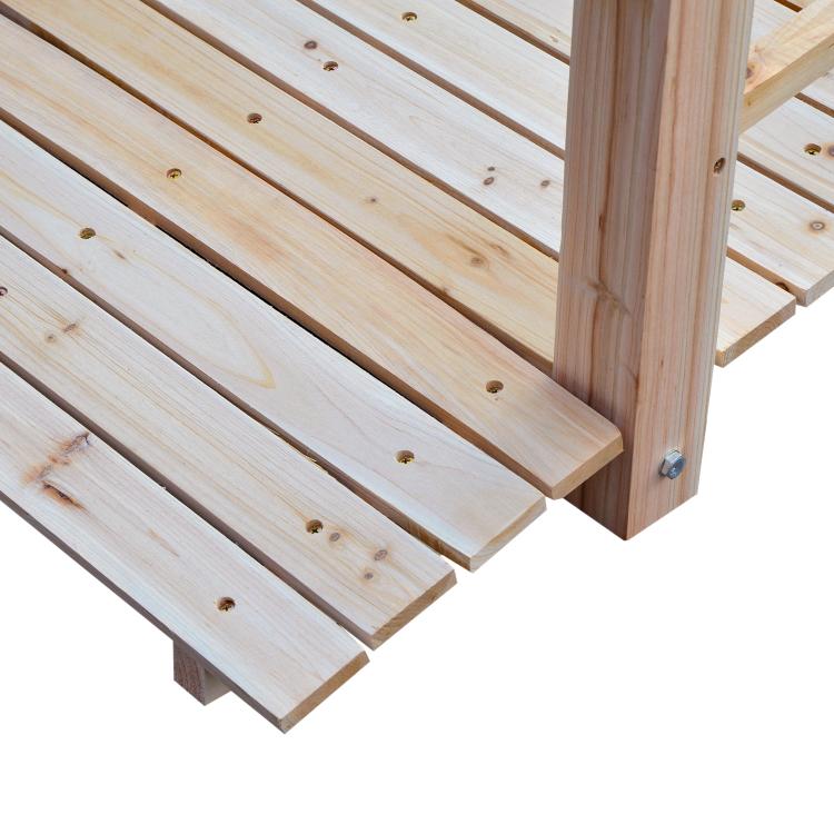 Natural wood garden footbridge planks and corner support post