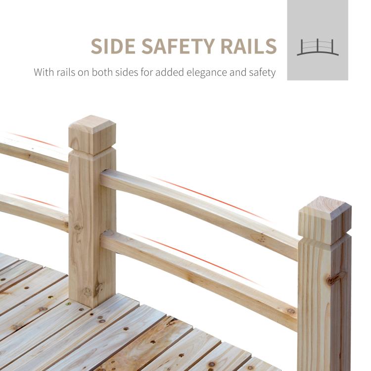 Side safety rails on wooden garden bridge with smooth top bars