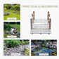 Decorative wooden garden bridge with fenced railings and plank deck