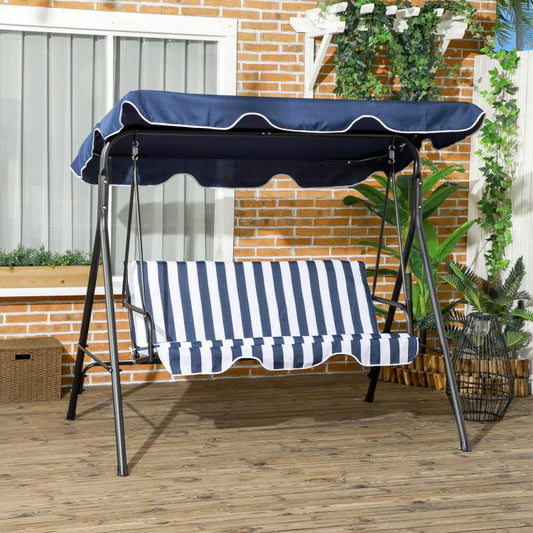 Dark blue outdoor swing bench with striped cushions and arched canopy over frame