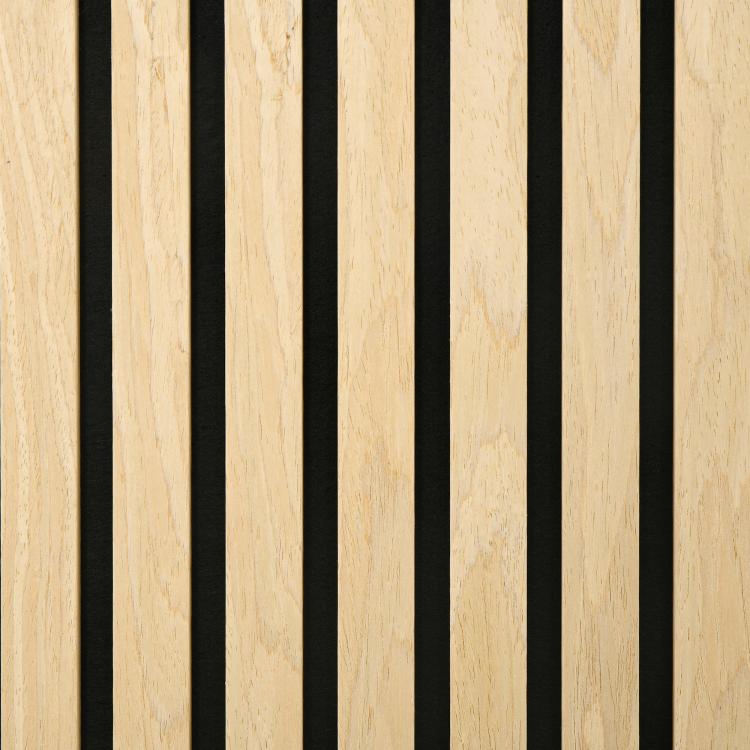 Oak wood slat acoustic wall panels with dark backing gaps