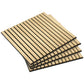 Stacked oak wood slat wall panels with black backing and slat rows