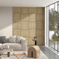 Oak slat acoustic wall panels in square grid on room wall