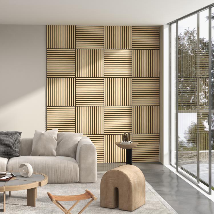 Oak slat acoustic wall panels in square grid on room wall