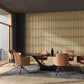 Oak slat acoustic wall panels with vertical stripes on feature wall