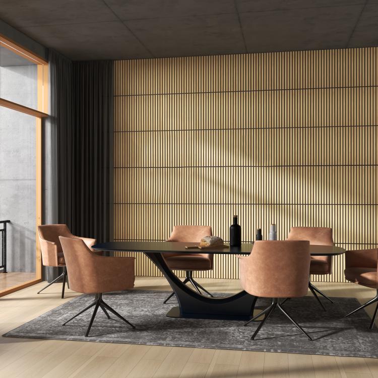 Oak slat acoustic wall panels with vertical stripes on feature wall