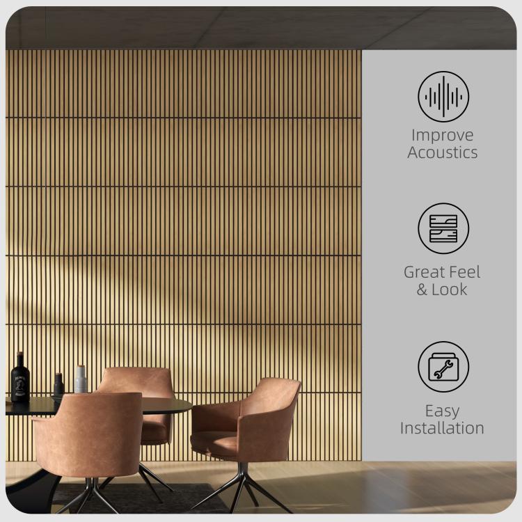 Oak slat acoustic wall panels on wall, shown with icon callouts