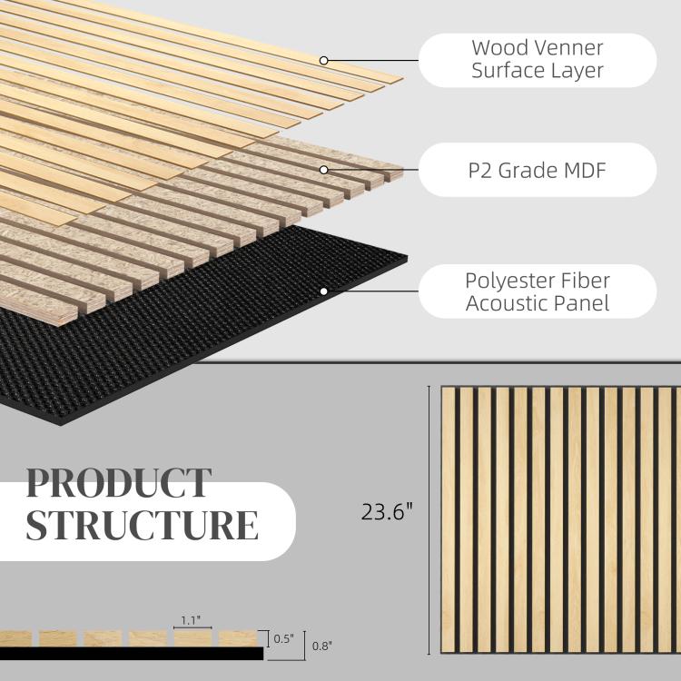 Exploded view of oak veneer, MDF and polyester fiber acoustic panel layers