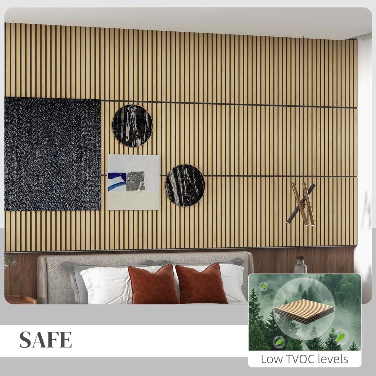 Oak slat acoustic wall panels with dark grid lines and rectangular sections