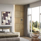 Oak slat acoustic wall panels on bedroom wall with vertical and boxed sections